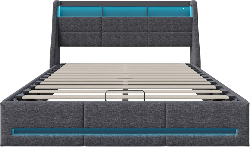 LIVLUX Lit Coffre 140x190 avec sommier LED et USB,Lit Double rembourré avec Rangement hydraulique,lit 2 Personnes pour Adultes et Adolescents,Lin Gris Clair, 140 x 190 cm