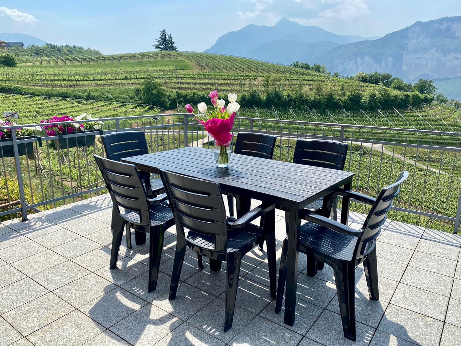 Ensemble repas de jardin ou d'extérieur pour 6 personnes anthracite effet bois, table rectangulaire en acier peint avec lattes en polyéthylène, 6 chaises empilables en polypropylène - Thomas & Anita