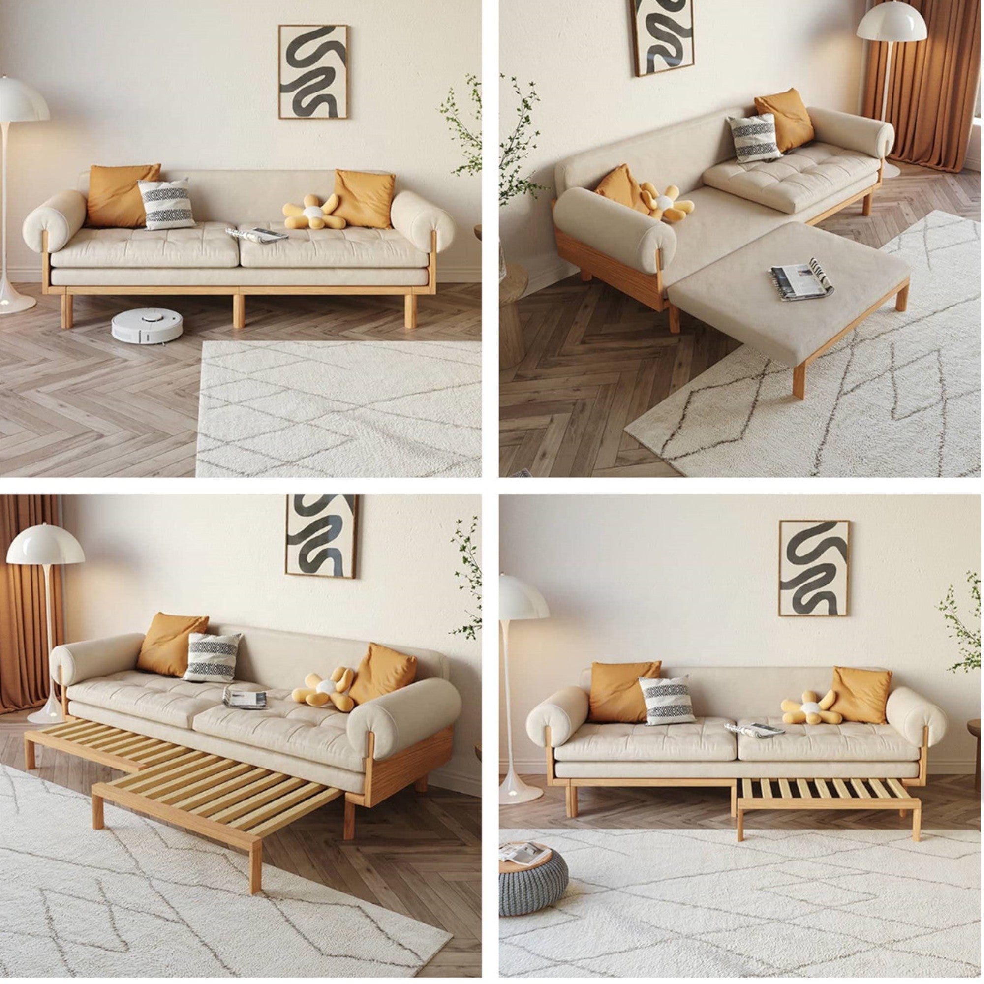 Japandi Solid Wood Recessed Arms Folding Sleeper Sofa Bed