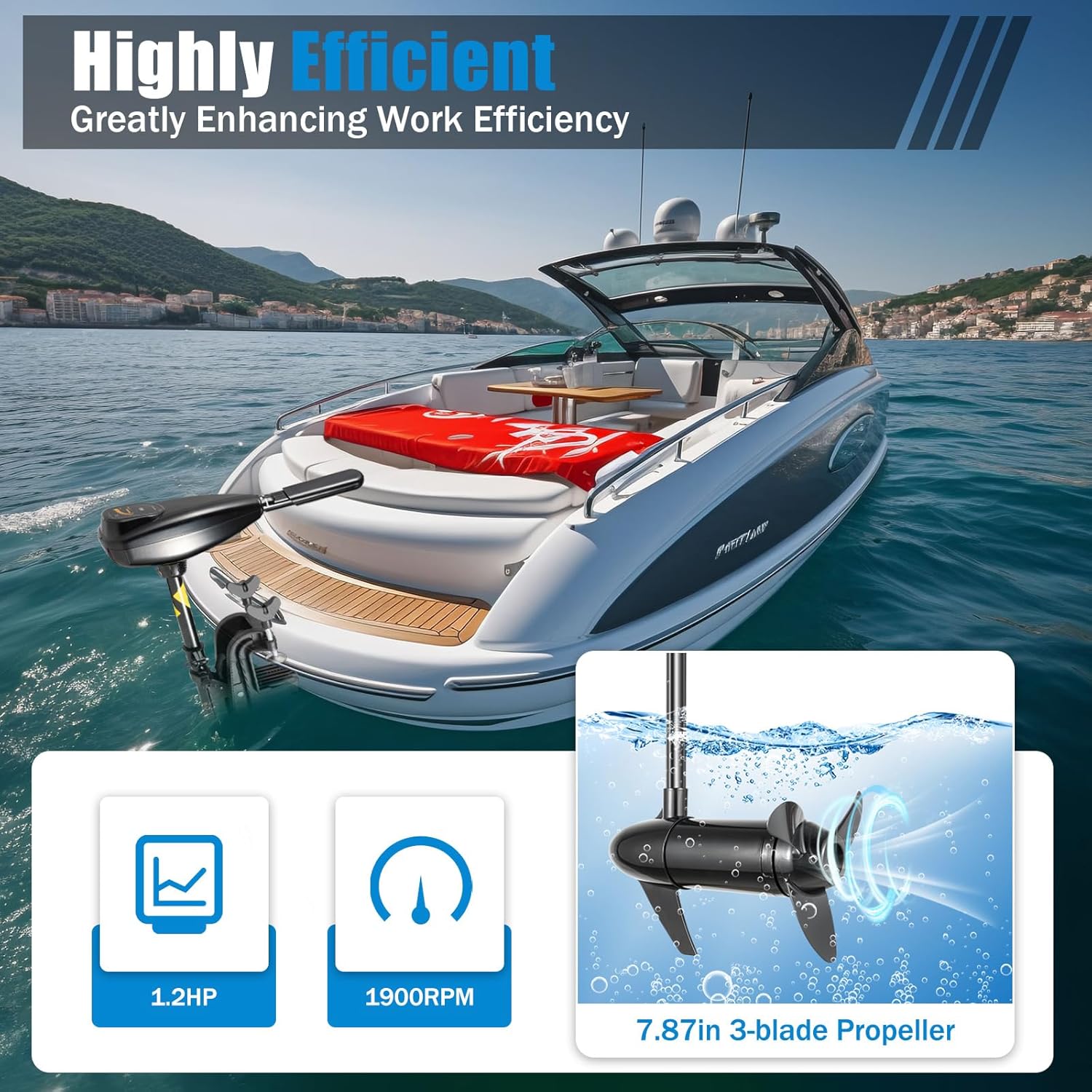 Moteur électrique 80LBS 12V hors-bord pour bateau, mise à niveau du moteur hors-bord électrique 800W avec une traction de 839 kg | 5 vitesses avant+3 vitesses arrière | Réglable en hauteur | Avec