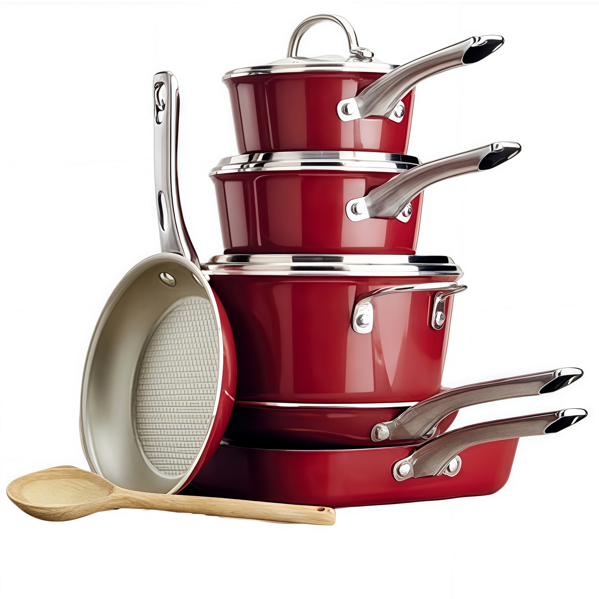 Juego de Ollas y Sartenes Antiadherentes de Esmalte de Porcelana de 10 Piezas de Ayesha Curry, Color Rojo Sienna