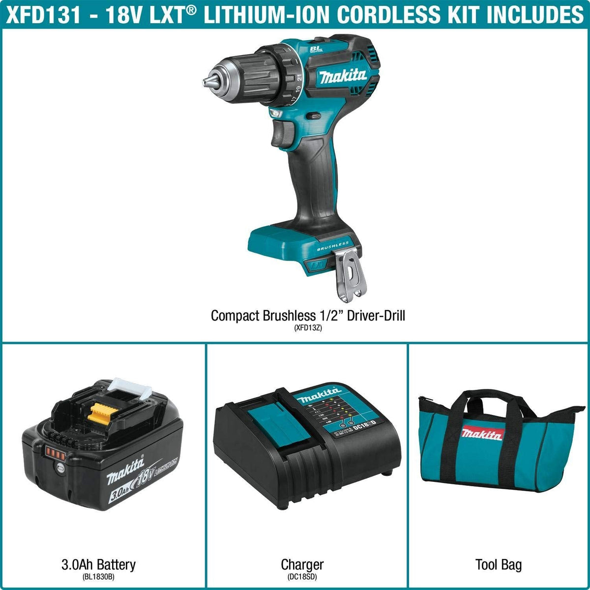 Makita XFD131 Kit de Taladro-Atornillador Inalámbrico sin Escobillas 18V LXT de 1/2" (3.0Ah)