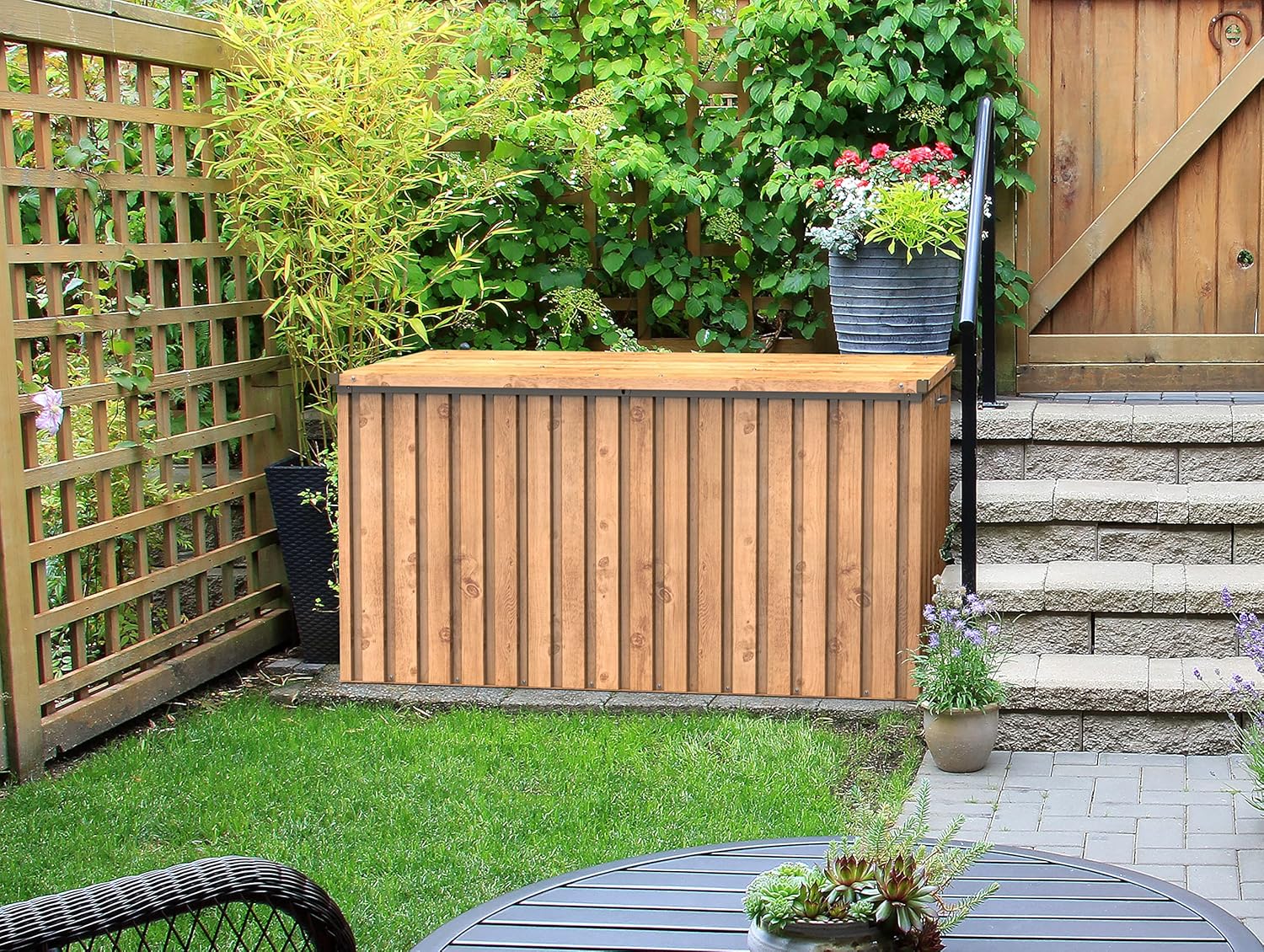 Duramax DH 1.7 (770 L) Coffre de Rangement de jardin en métal avec vérin à gaz hydraulique, coffre de terrasse et rangement de meubles de jardin, Boîte de rangement coussins, grain de bois