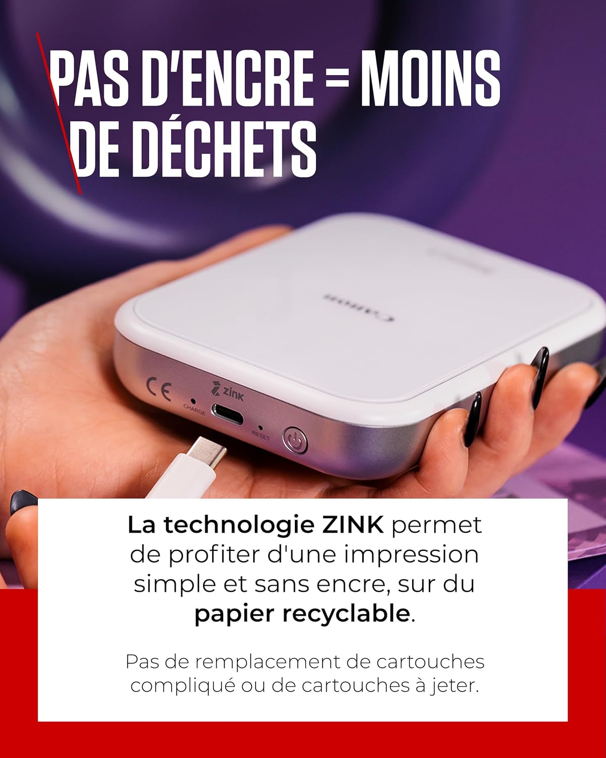 Canon Zoemini 2 Imprimante Photo Portable - Mini Imprimante Portable - Mini Imprimante Photo - Compacte et sans Fil - Bluetooth 5.0 et Charge Rapide Type-C - Imprimante de Voyage, Perle Blanche