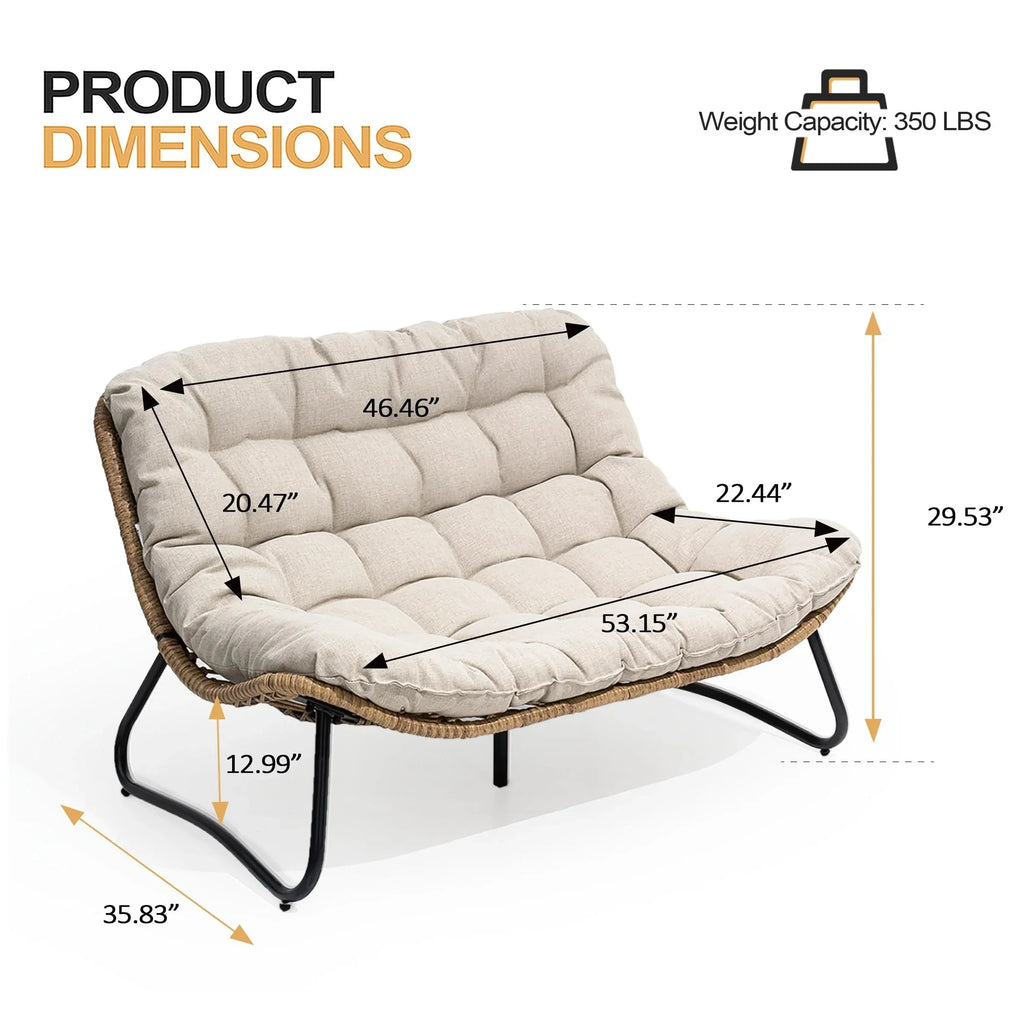 Causeuse double Papasan avec coussin, rotin PE tout temps et cadre en métal pour l'intérieur et l'extérieur