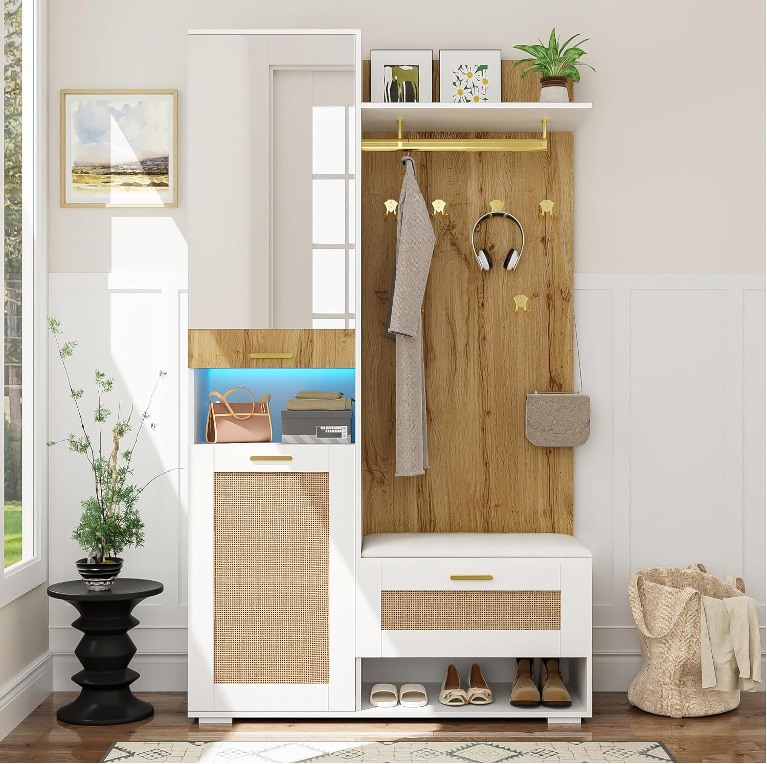 Meuble armoire pratique avec miroir pleine longueur,rangement chaussures avec assise basse,crochets suspendus en métal doré,étagères latérales ouvertes,vertical pour entrée claire Bois+Blanc