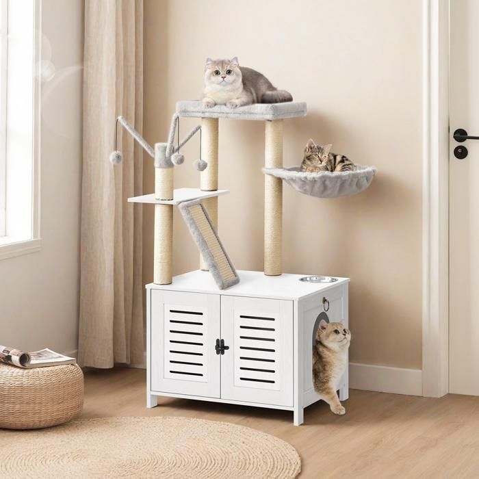 HOOBRO Arbre à Chat avec Maison de Litière pour Chat, Maison pour Chat en Bois avec Tour à Chat, Grège
