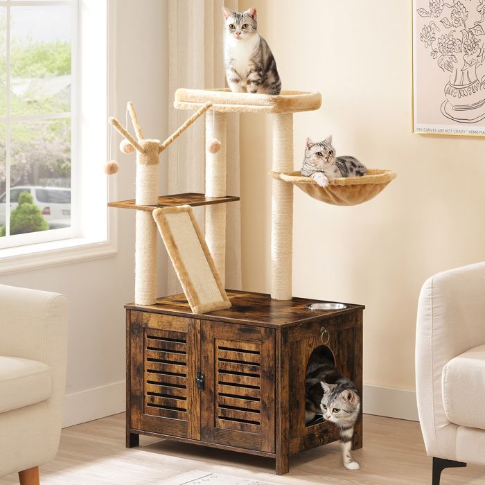 HOOBRO Arbre à Chat avec Maison de Litière pour Chat, Maison pour Chat en Bois avec Tour à Chat, Grège