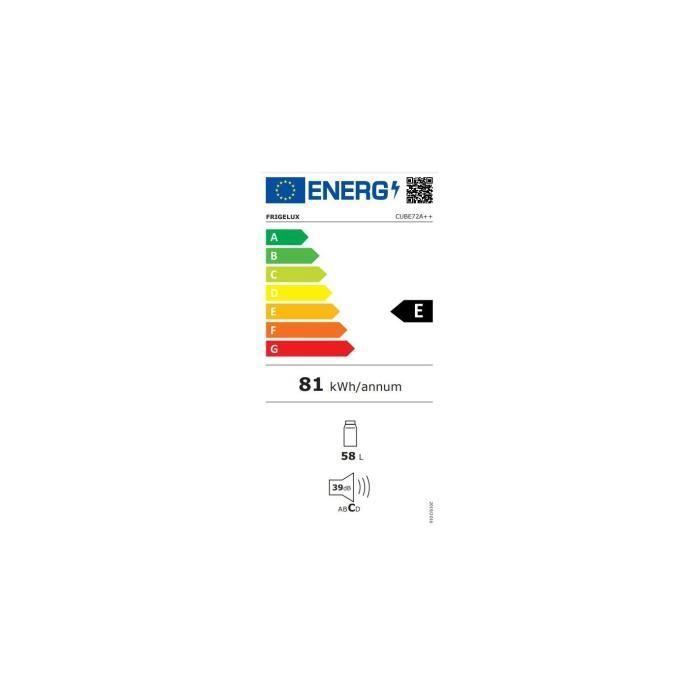 Réfrigérateur cube - Frigelux - CUBE72A++ - 58 L - blanc - 47 x 45 x 63,2 cm - Classe E - 39 dB