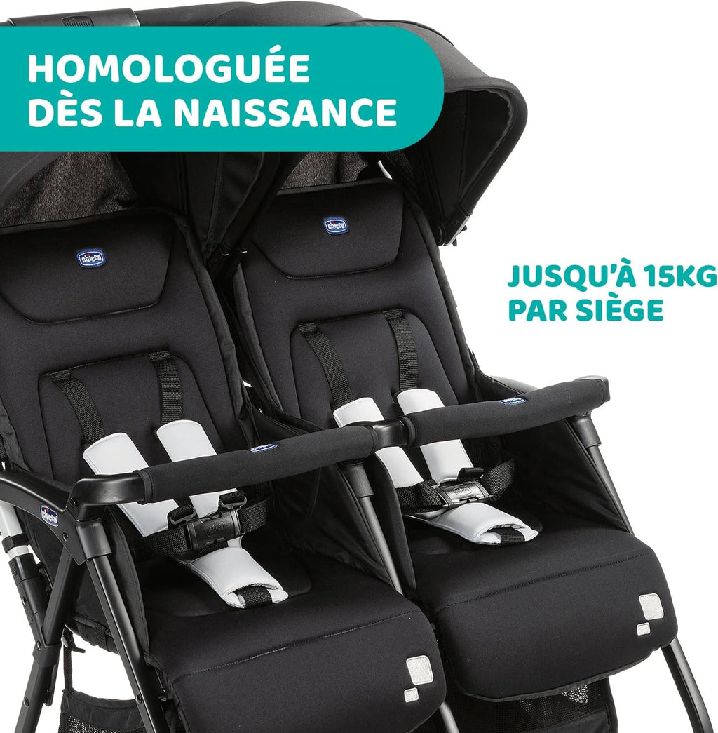Chicco OHlalà Poussette Double Tandem, Légère Inclinable et Pliable, pour Jumeaux dès la Naissance jusqu'à 15 kg, Fermeture Compacte, Housse de Pluie Incluse, Capote Extensible – Noir