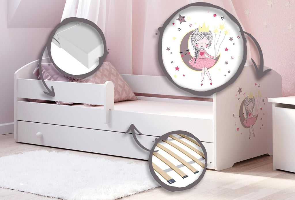 KOBI Lit Enfant FALA Blanc | avec Rangement é Tiroir | 160x80 cm | Lit Garcon Petite Fille Lits pour Enfants | avec Un Matelas et Un Cadre | Meuble la Chambre Bebe | Lit Simple avec Barriere