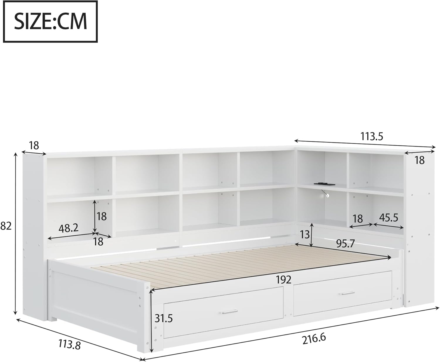 Lit Gigogne 90x190 cm + 180x190 cm - Lit en Bois avec Rangement et Prise Intégrée, Structure Pin et MDF, Matelas Non Inclus - Blanc