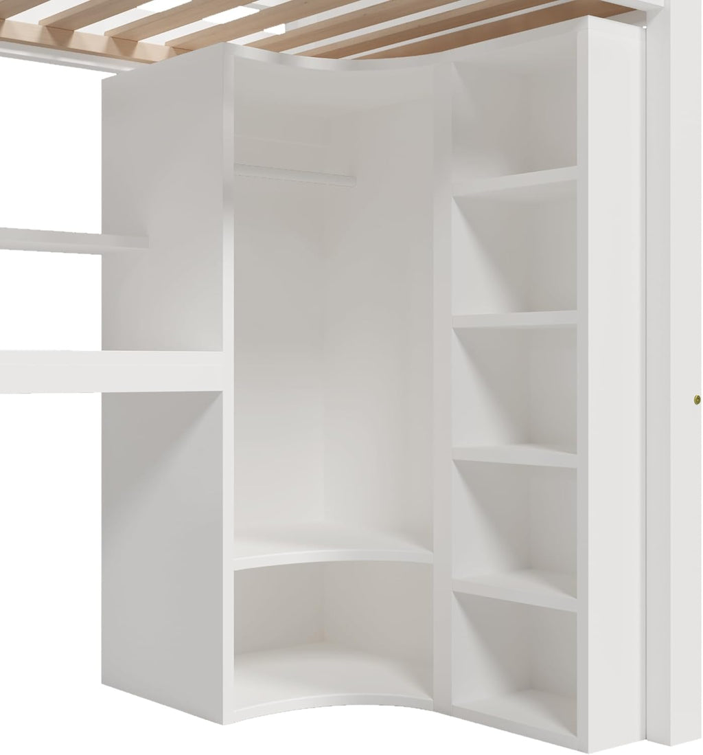 Lit Mezzanine 90x200 cm, Lit Superposé Enfant et Adulte avec Bureau, Lumières LED, Armoire, Échelle, 4 Tiroirs et Rangements, Blanc et Bois lit Mezzanine (90x200 cm)