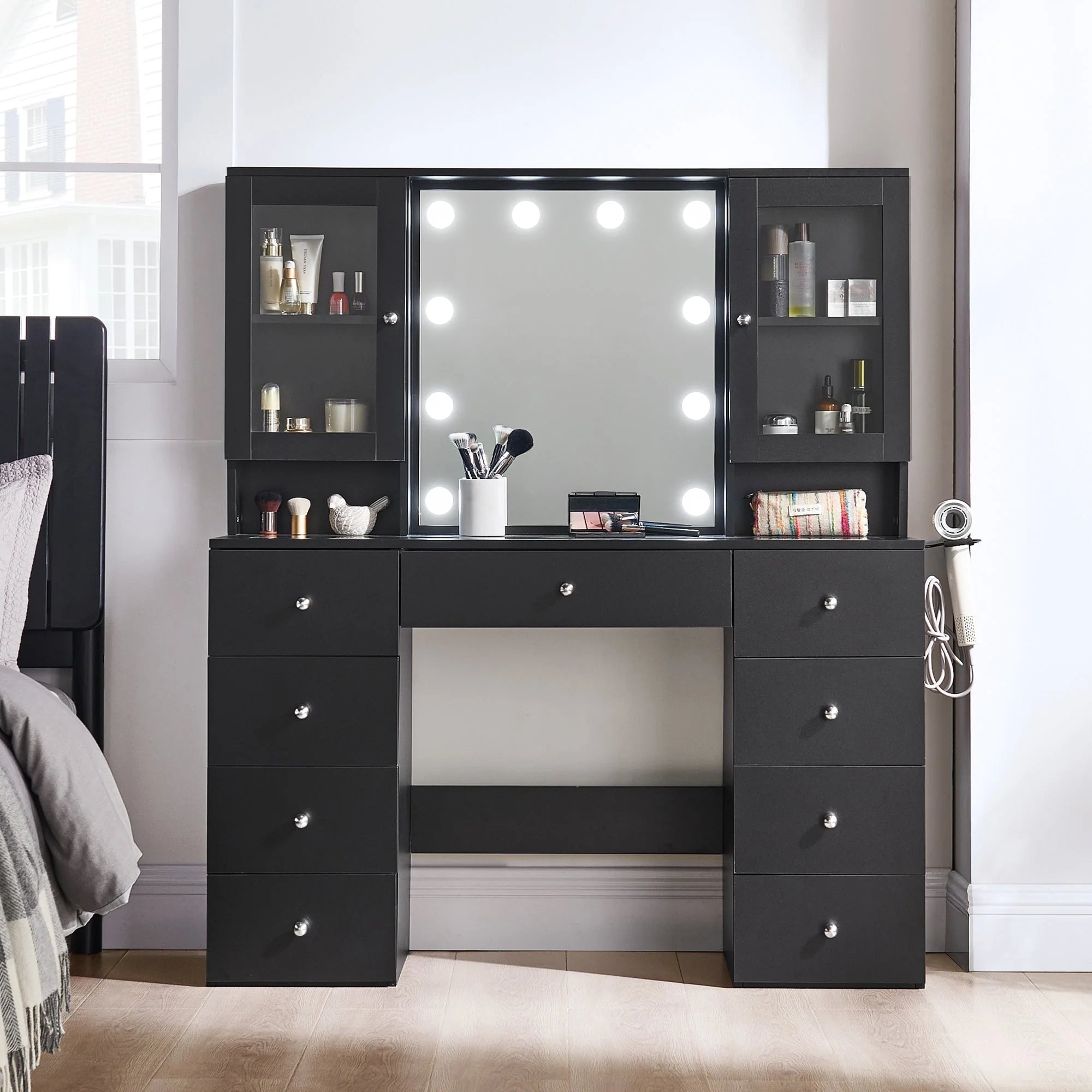 Coiffeuse verre 47 pouces miroir lumières rangement prise