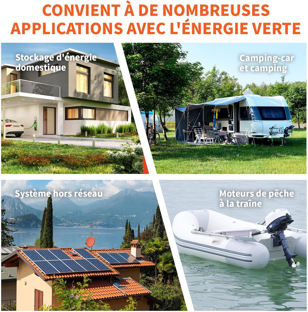 Batterie LiFePO4 12V 200Ah, Batterie Lithium avec 98% Efficacité, BMS 200A, IP65, 4500-16000 Cycles, Autodécharge 3% pour Systèmes Solaires, Applications Marines et Hors-Réseau