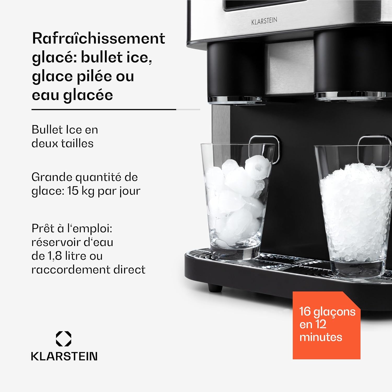 Klarstein Machine a Glacons pour la Maison, Capacité de 1.8L, Fabrique Rapidement Jusqu'à 15kg de Glacons Concassée ou en Balles, Machine à Glaçons, Ice Maker avec Alarme, Machine Facile à Nettoyer