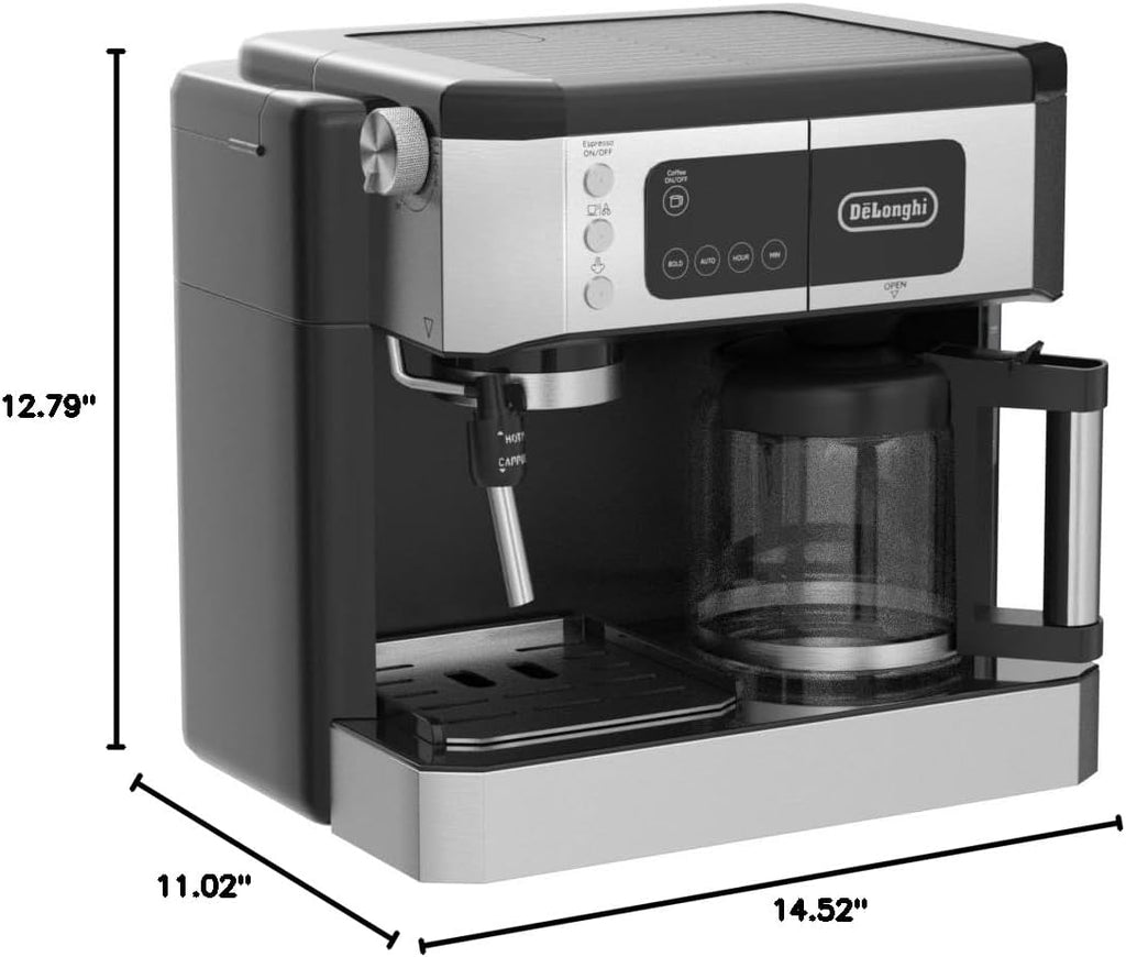 De'Longhi All-in-One Combination Coffee Maker & Espresso Machine + Advanced Adjustable Milk Frother for Cappuccino & Latte + Glass Coffee Pot 10-Cup, Black, COM532M