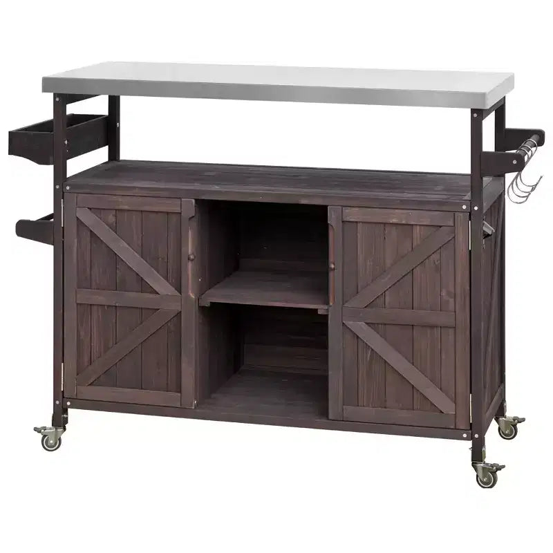 Okak Outdoor Kitchen Island with Stainless Steel Top, Wooden Kitchen Cart with Doors, Shelves and Spice Rack, Rolling Kitchen Island