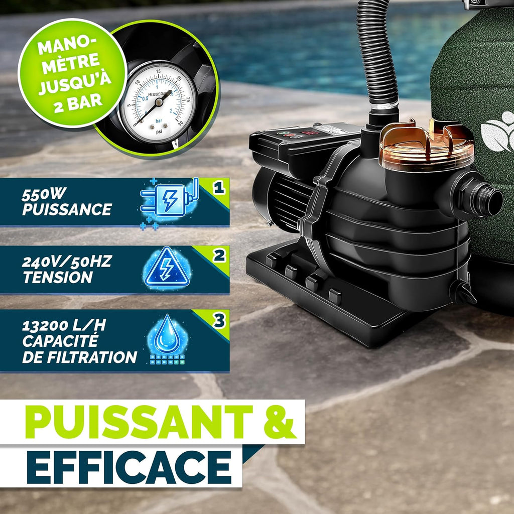 tillvex® Système de Filtre à Sable 13 200L/h jusqu'à 40 000L + 1200g Boules Filtre | 7 Fonctions & Adaptateur 2en1 Ø32-38mm | Filtre piscine & indicateur de pression (Vert, Avec minuterie)