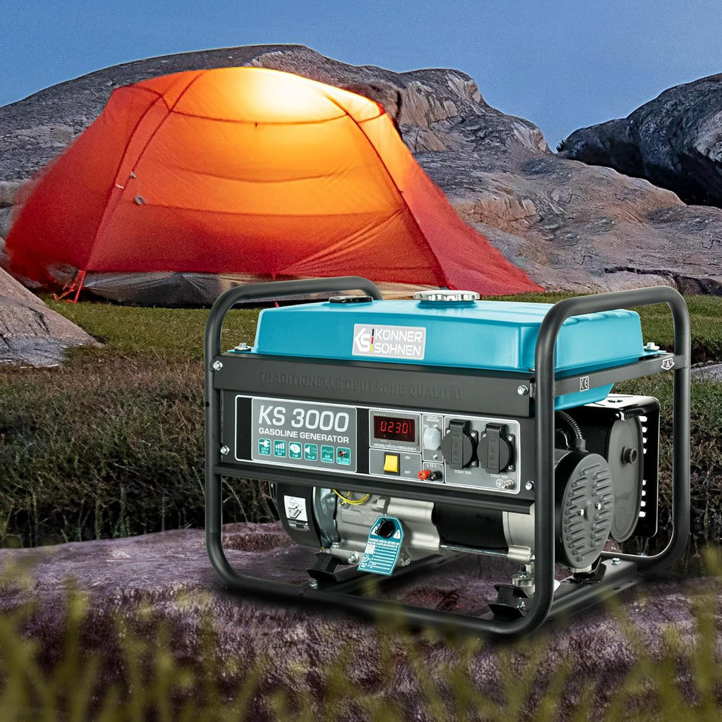 Groupe électrogène à essence 3000 puissance max 3000 W, prises Schuko 2x16A (230 V), EURO-V, régulateur de tension automatique (AVR),moteur électrique enroulement 100% cuivre,generateur de courant