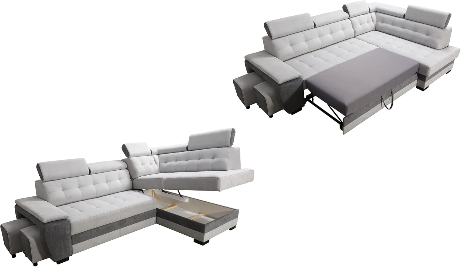 Robin Grand canapé d'angle Convertible avec Coffre de Rangement et Deux tabourets - Canapé d'angle autoportant en Forme de L - Appuie-tête réglables