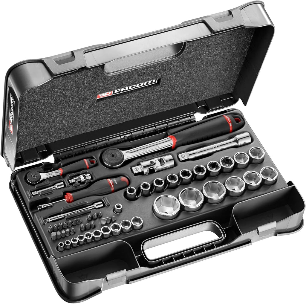 FACOM Coffret de Cliquets, Douilles et Embouts 1/4" et 1/2", 58 Pièces, Cliquets Étanches, MBOX, RS.161-2