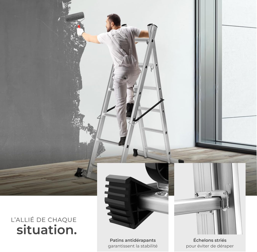 tectake® Échelle Multifonction 3 en 1 Échafaudage Roulant en Acier Plateforme de Travail Antidérapante Échelle Téléscopique Échelle Pliante Escabeau Pliant Bricolage Peinture Toiture