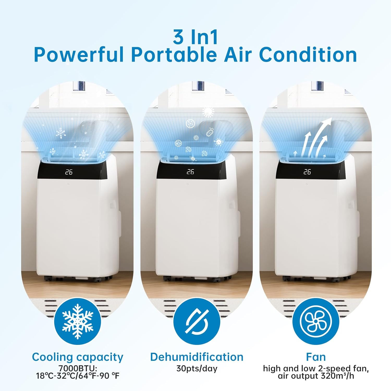 Garvee Climatiseur Mobile 12000 BTU, 4 En 1 Avec Mode Nuit, Timer 24H - Refroidit Jusqu'à 50 M² - Pour Bureau, Chambre, Camping-Car - Énergie a, Silencieux