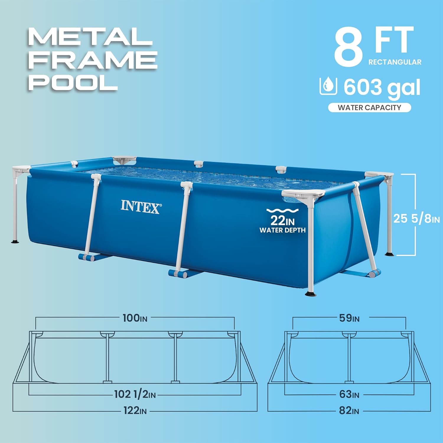 Intex Piscine Metal Frame Junior rectangulaire Tubulaire (l) 2,60 x (l) 1,60 x (h) 0,65m