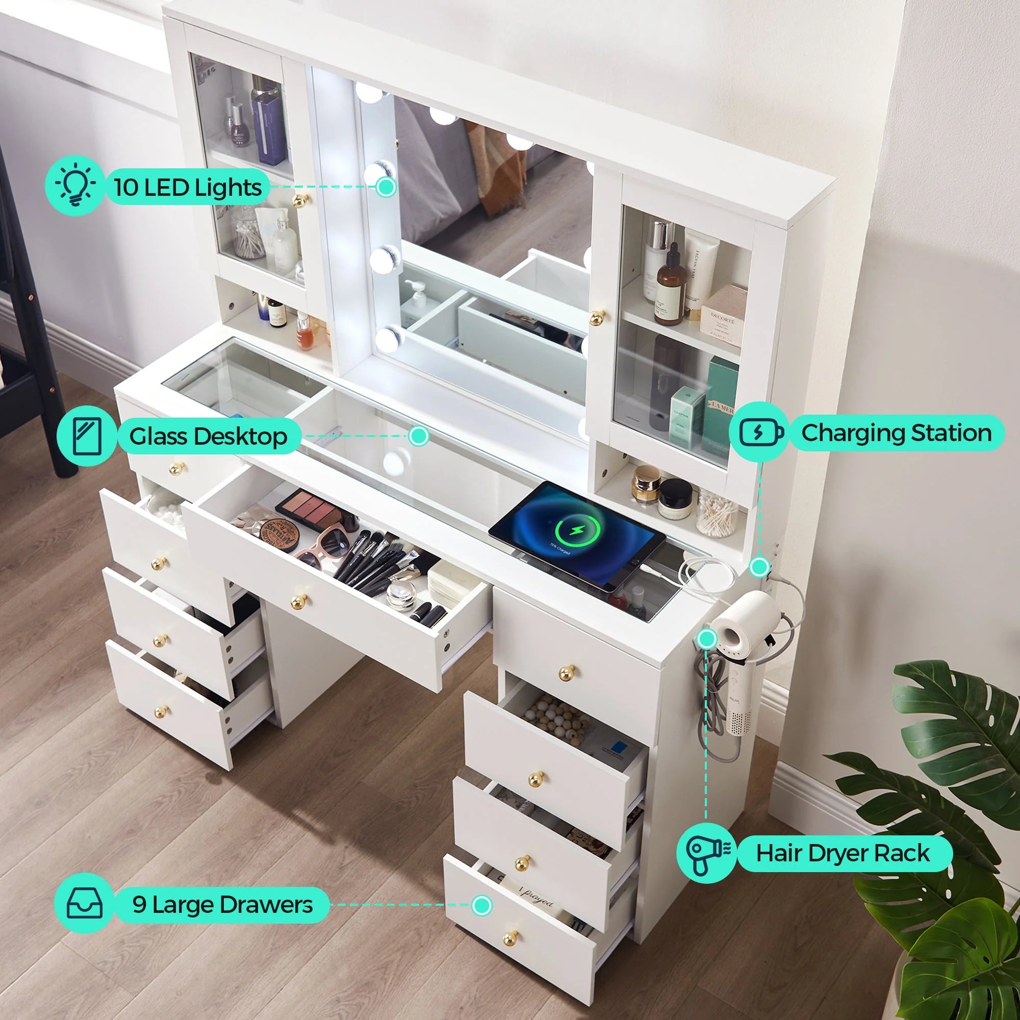 Coiffeuse verre 47 pouces miroir lumières rangement prise