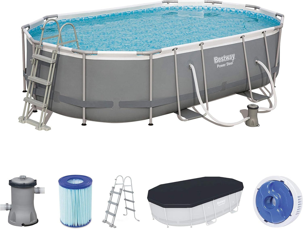 Bestway Power Steel Framepool Kit complet ovale avec pompe de filtration, échelle et bâche 488 x 305 x 107 cm