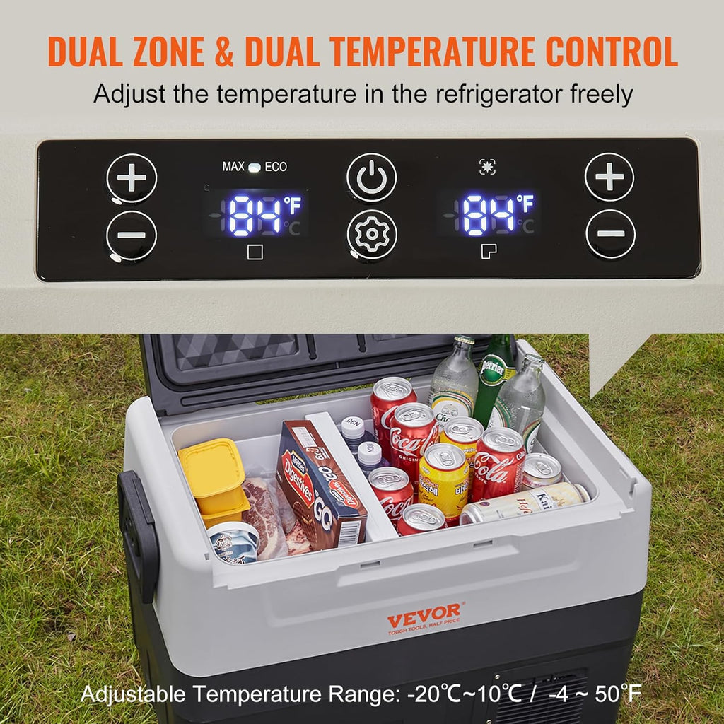 VEVOR Glacière Électrique Portable de 35 L Réfrigérateur de Voiture Portable 12/24 V CC 100-240 V CA Frigo Voiture Double Zone 0,6 kW.h -20 °C à 10 °C Réglable Congélateur pour Camion Bateau Camping