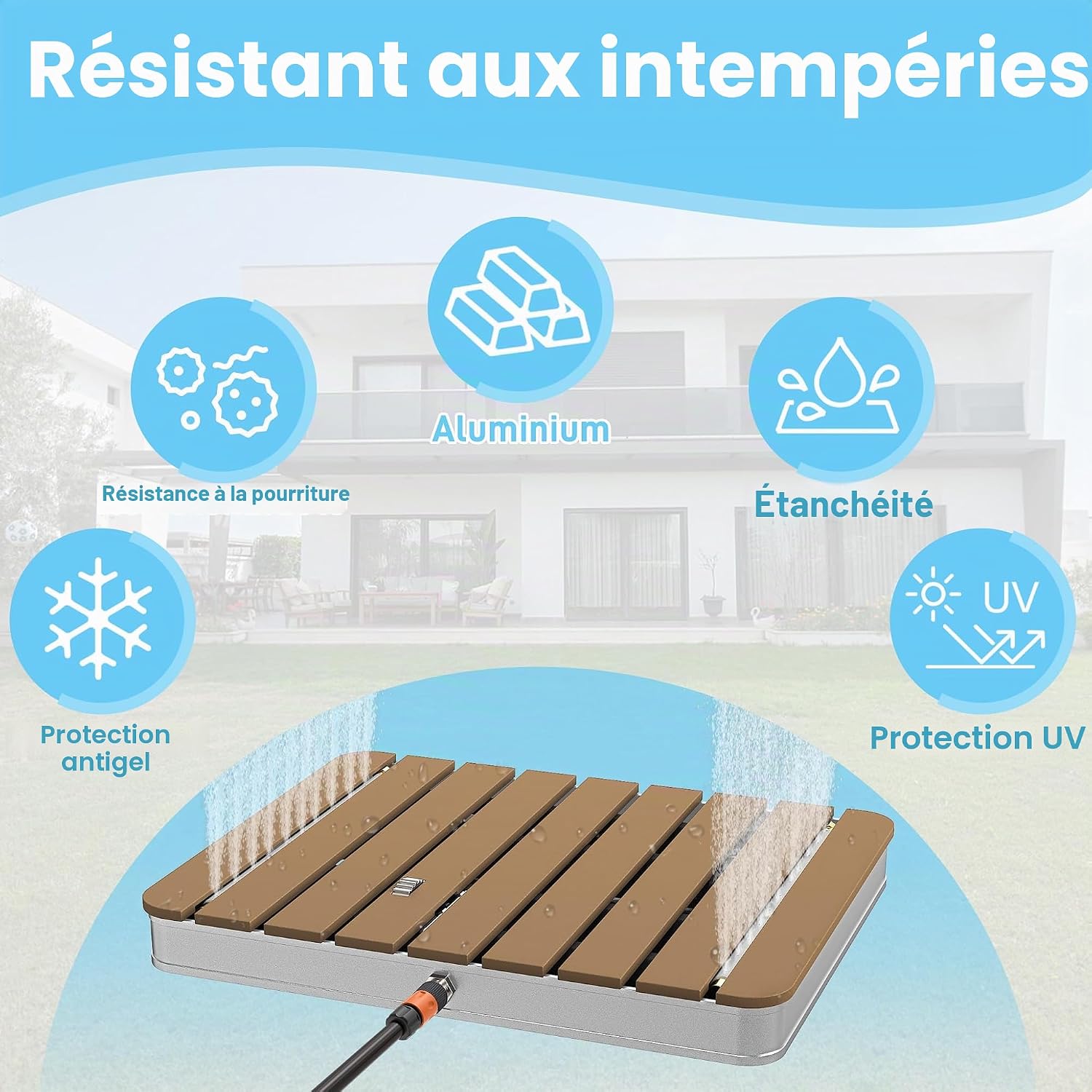 UISEBRT Douche de jardin en WPC et aluminium - Douche au sol mobile Douche solaire Douche de camping - Hauteur de jet réglable jusqu'à 4m - pour piscine Jardin Terrasse (Rectangulaire - Brun)