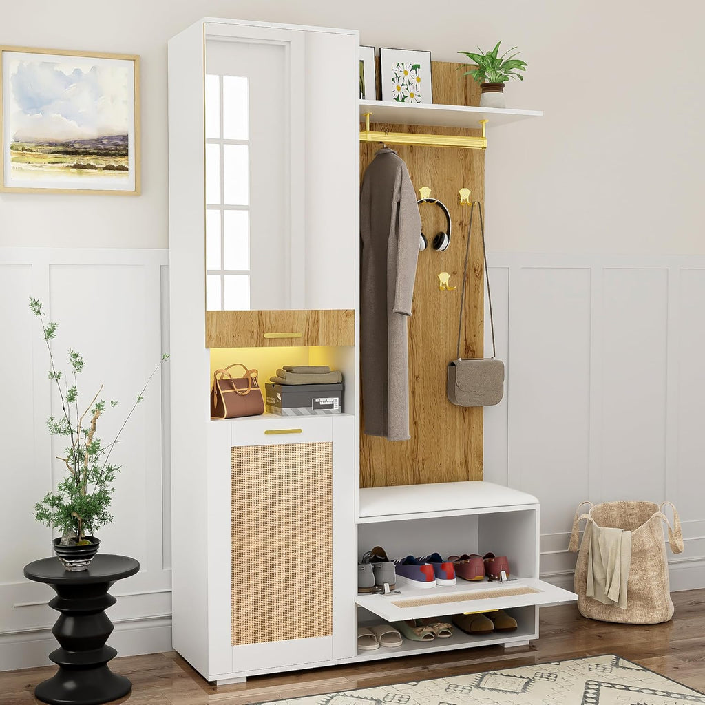Meuble armoire pratique avec miroir pleine longueur,rangement chaussures avec assise basse,crochets suspendus en métal doré,étagères latérales ouvertes,vertical pour entrée claire Bois+Blanc