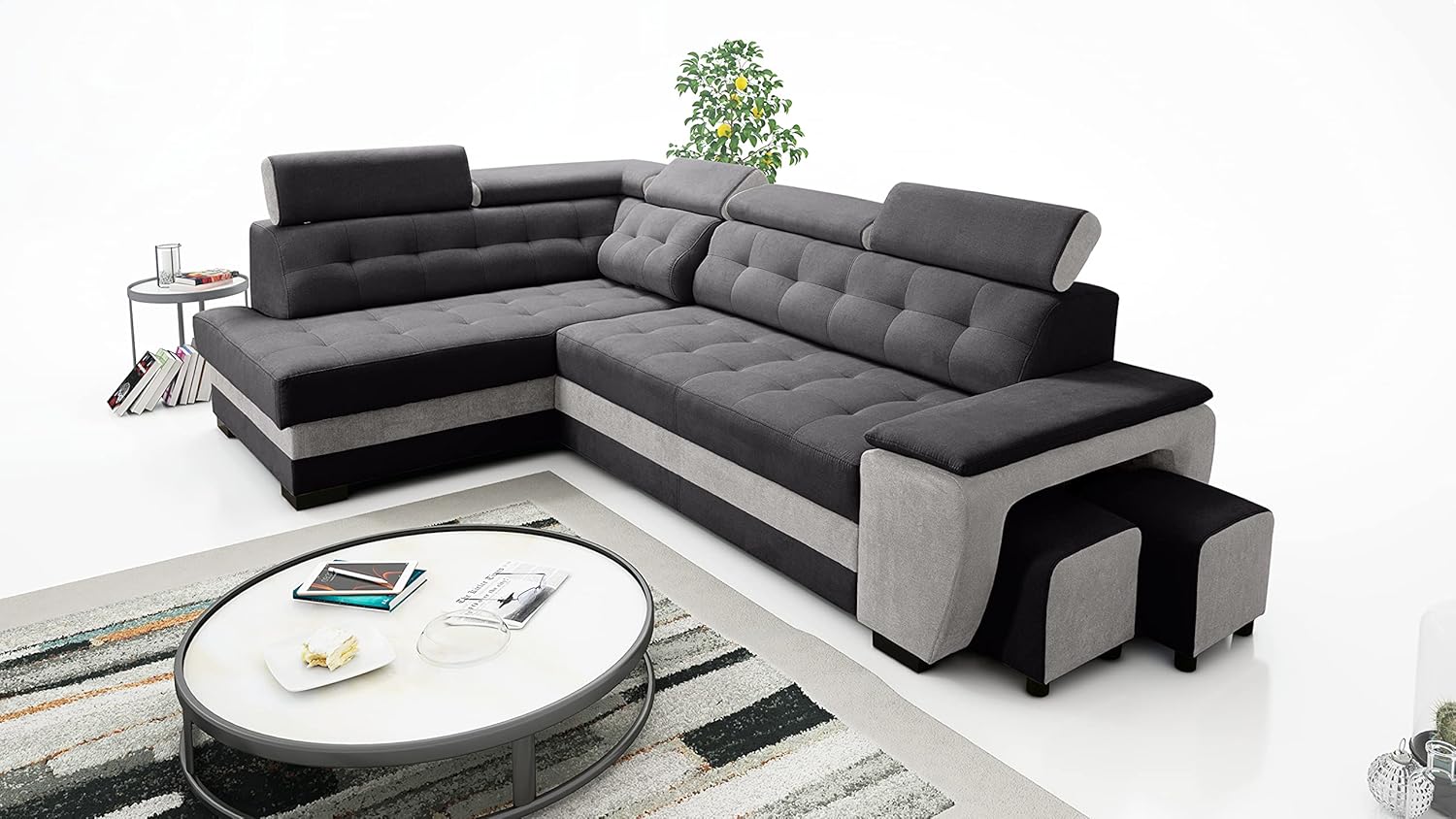 Robin Grand canapé d'angle Convertible avec Coffre de Rangement et Deux tabourets - Canapé d'angle autoportant en Forme de L - Appuie-tête réglables