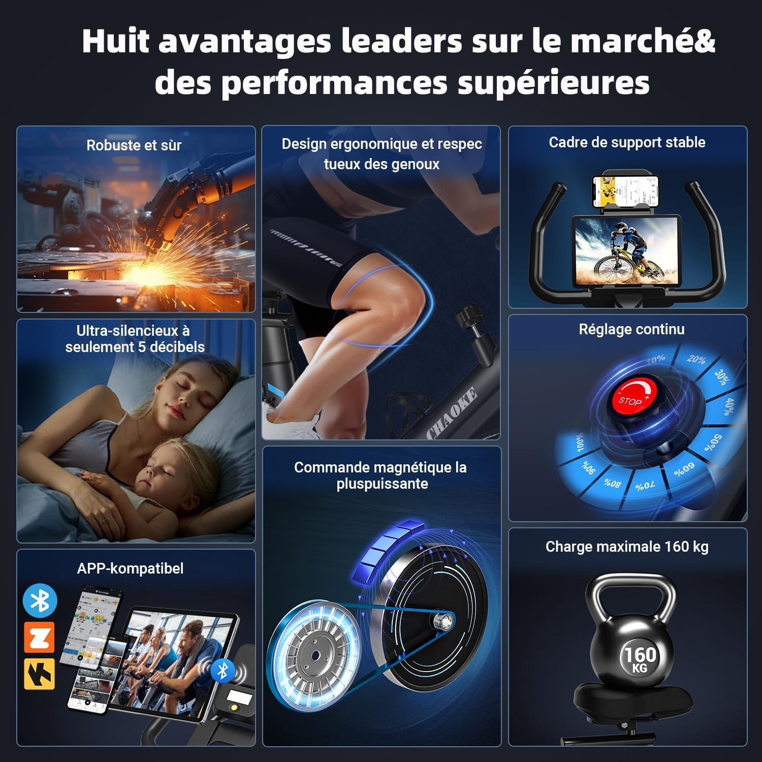 Velo d Appartement Silencieux avec Résistance Magnétique Réglable, Vélo d'appartement avec APP, Vélo d'exercice Moniteur LCD, Siège Confortable, Pour Entraînement Cardio, Capacité 160KG