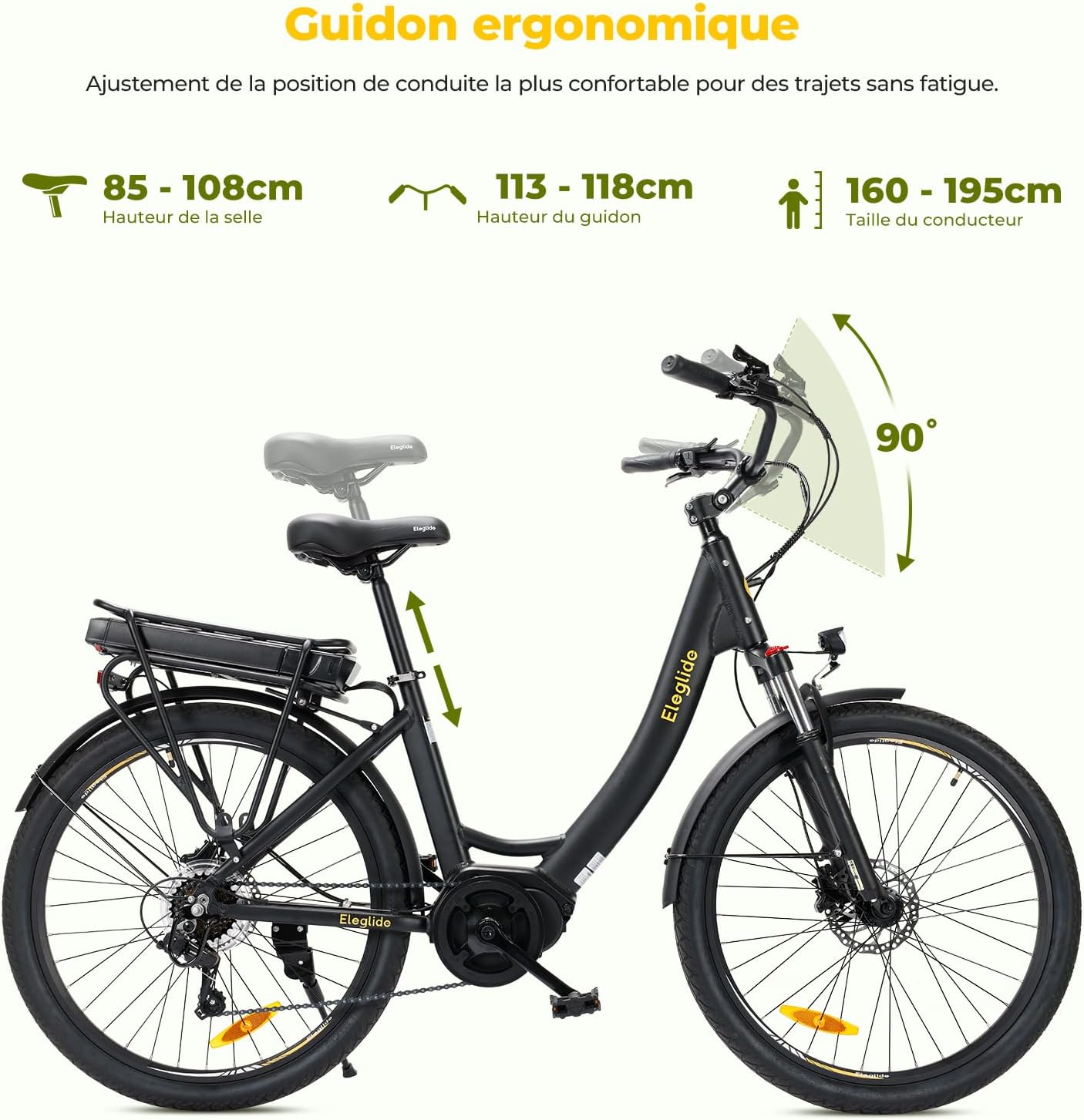 Eleglide C2 Vélo Électrique Adulte, 100Km Autonomie, Batterie Amovible, Freins Hydrauliques, Suspension Avant, 7 Vitesses, Vélo électrique à Moteur Central, Confortable pour Ville/Trekking