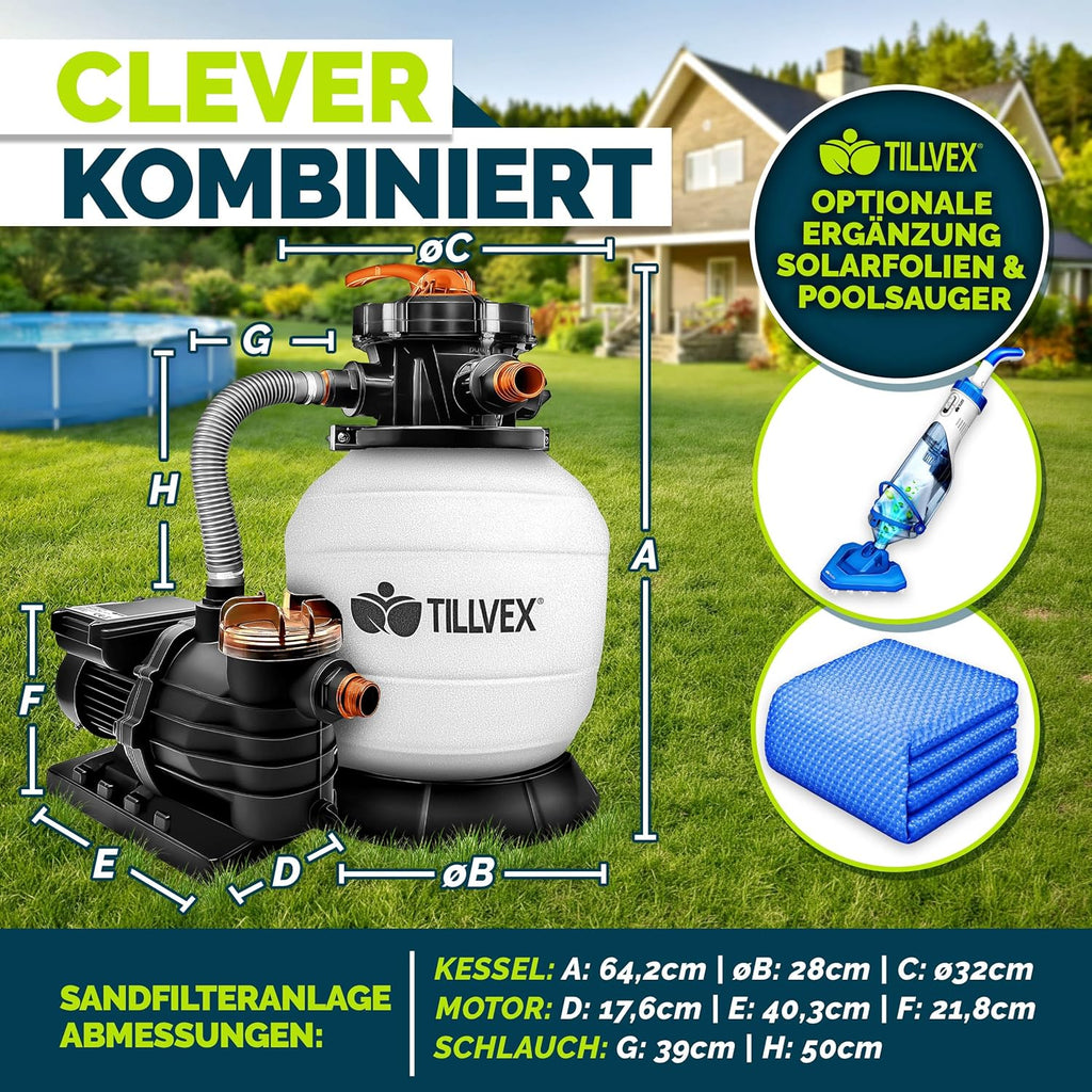 tillvex Système de Filtre à Sable 10 m³/h + 800g Boules de filtre – 7 Fonctions de Filtration | Filtre de Piscine avec indicateur de pression | Filtre à sable pour les bassins aquatiques & piscines