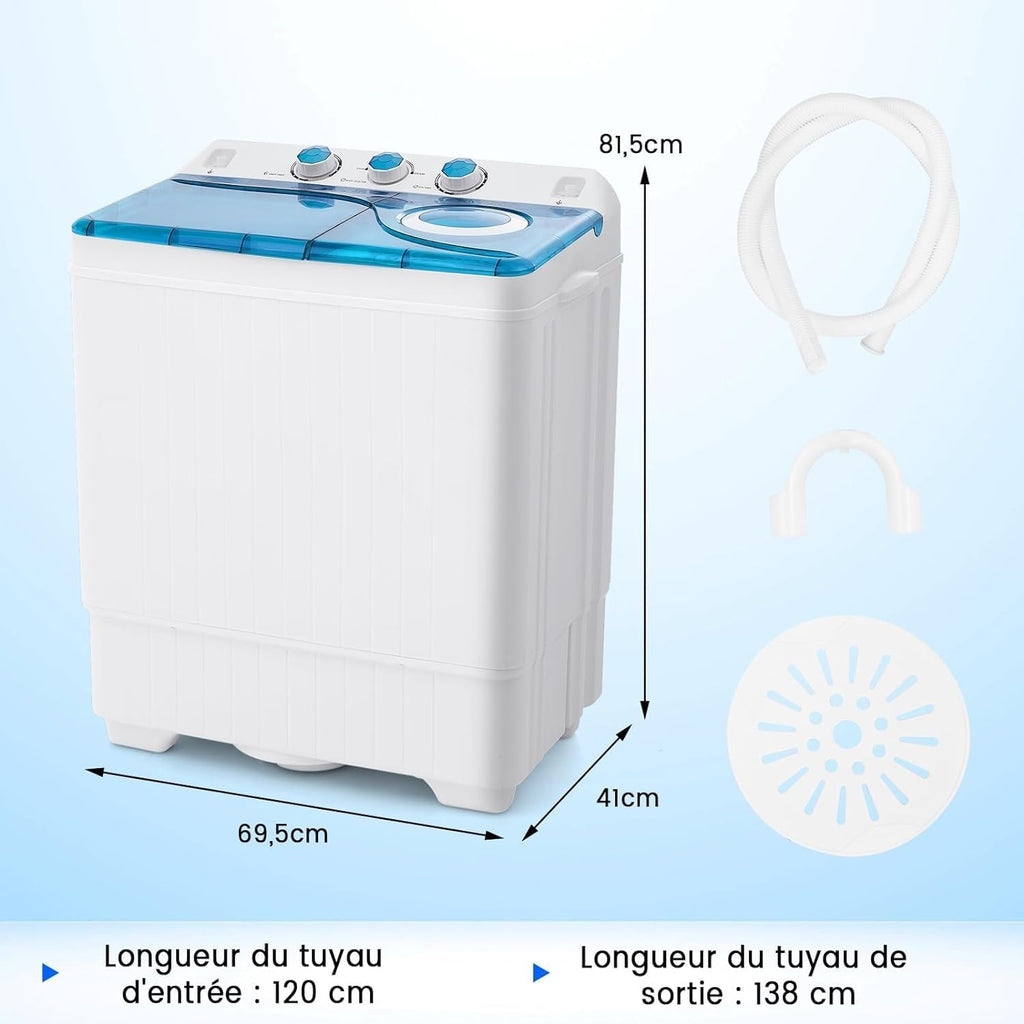 RELAX4LIFE Mini Machine à Laver à 2 Cuves Capacité 8,5 KG, Lave-Linge Semi-Automatique avec Minuteur & Essoreuse, Lave-Linge Portable Compact pour Appartement Dortoir Maison (Bleu | 8,5 KG)