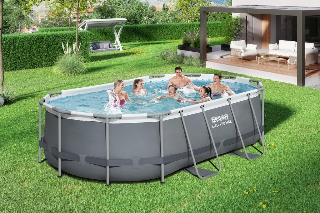 Bestway Power Steel Frame Piscine avec Pompe de Filtration 427 x 250 x 100 cm, Gris, Ovale