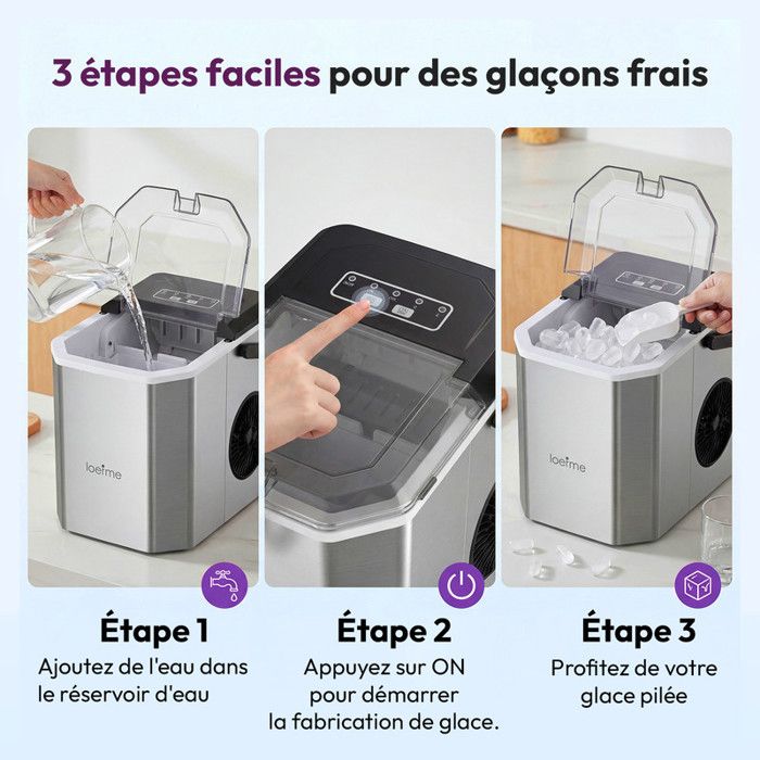 LOEFME Machine à glaçons 1.2L-9 Glaçons en 6 min 12kg/24h- autonettoyante silencieuse, deux tailles de glace，Avec support
