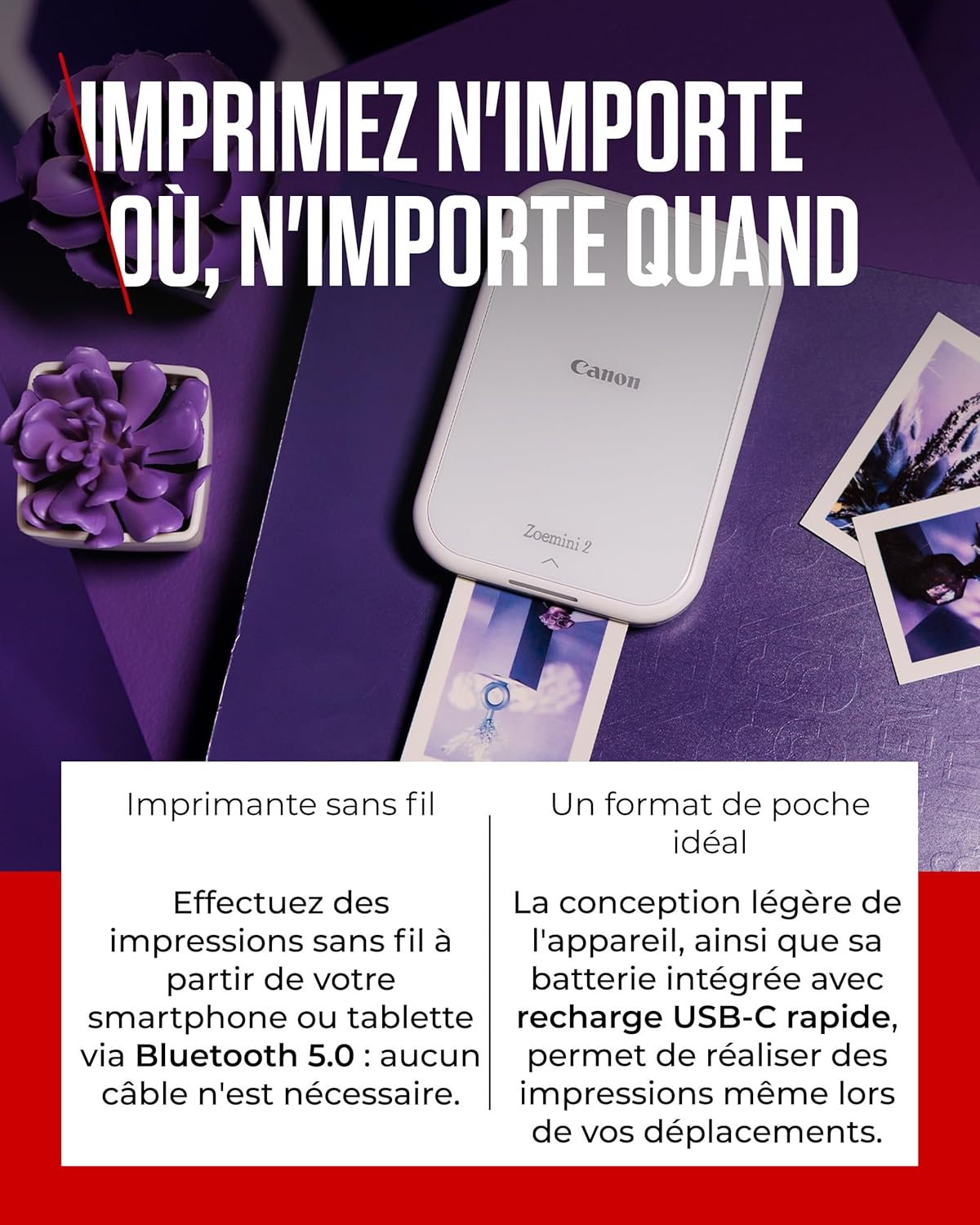 Canon Zoemini 2 Imprimante Photo Portable - Mini Imprimante Portable - Mini Imprimante Photo - Compacte et sans Fil - Bluetooth 5.0 et Charge Rapide Type-C - Imprimante de Voyage, Perle Blanche