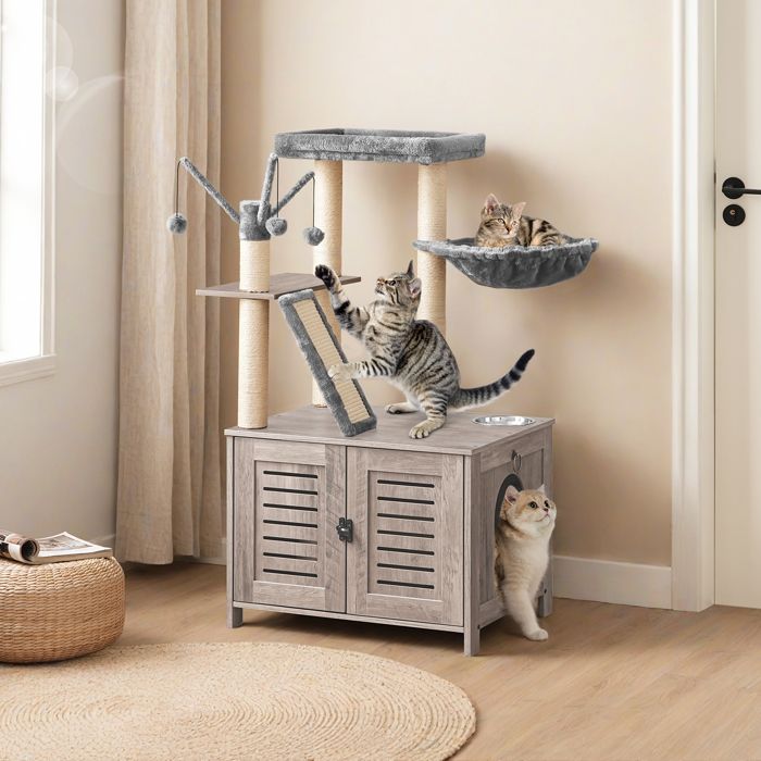 HOOBRO Arbre à Chat avec Maison de Litière pour Chat, Maison pour Chat en Bois avec Tour à Chat, Grège
