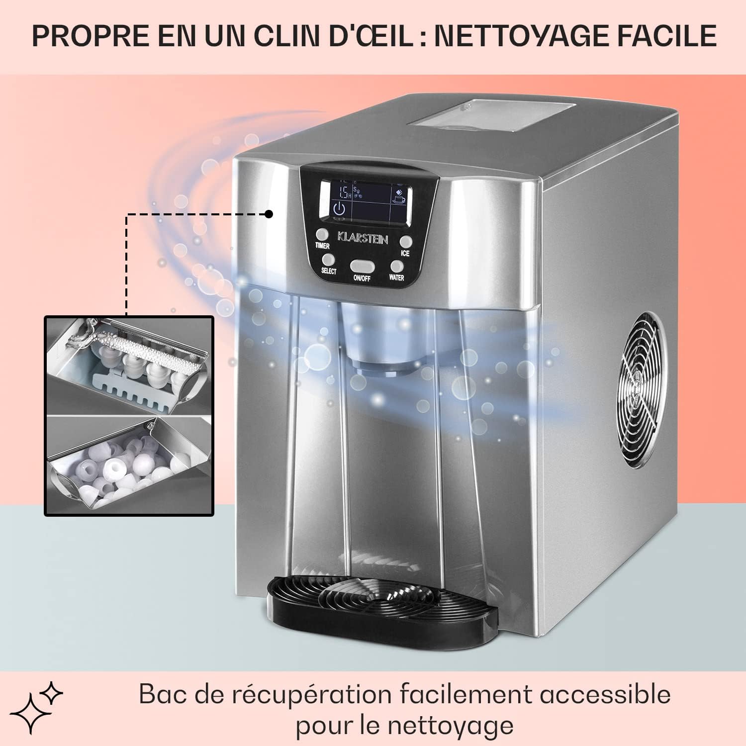 Klarstein Machine a Glacons pour la Maison, Capacité de 2L, Fabrique Rapidement Jusqu'à 12kg de Glacons, Alarmes de Sécurité, Machine à Glaçons de Comptoir, Ice Maker, Distributeur Eau Froide