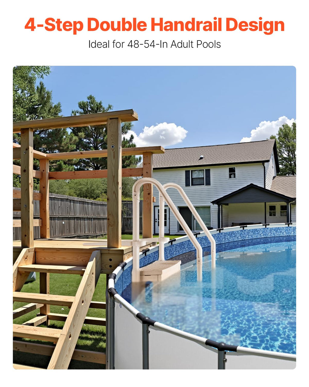 VEVOR Escalier de Piscine en Plastique avec 2 Rampes, 4 Marches Antidérapantes, Capacité de Charge 181,4 kg, pour Piscines Creusées Hors Sol 122-137 cm, Terrasse, Maison, Intérieur, Extérieur, Taupe
