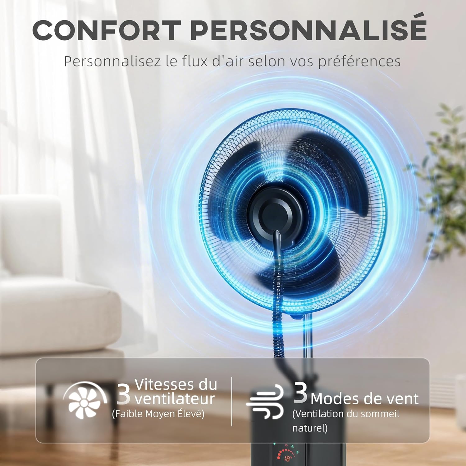HOMCOM Ventilateur brumisateur 100 W à ionisation négative, ventilateur sur pied 130 cm, oscillation à 120°, 3 vitesses, 3 modes, réservoir d'eau 1,5 L, télécommande, minuterie 9h, roulettes, noir