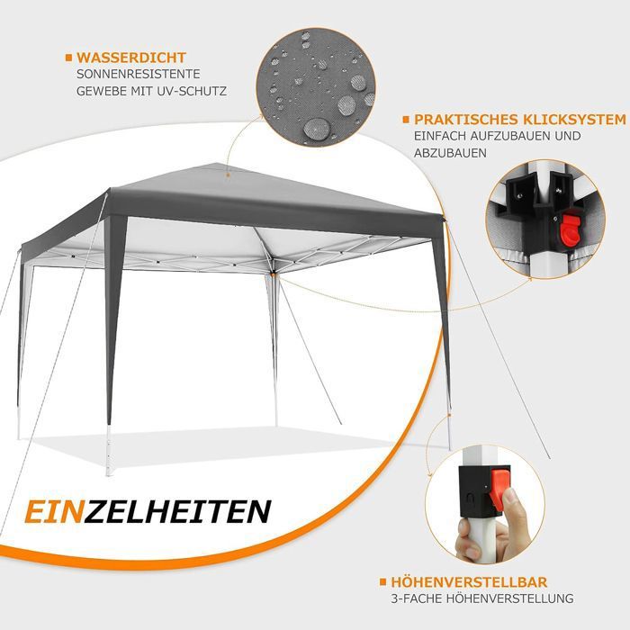 Tonnelle 3x3 Tonnelle Pliante de Jardin Imperméable avec 4 parois latérales,Gris