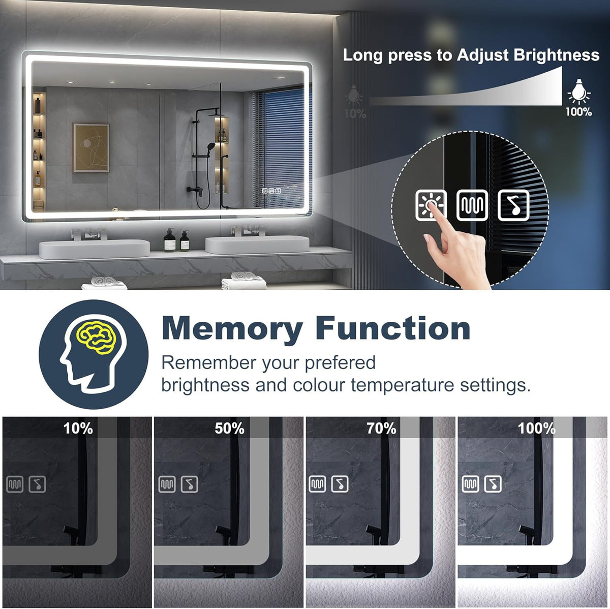 S'bagno Espejo-Baño-con-Luz 120x70cm, Espejo-Baño-LED-Bluetooth con Función Antivaho, 3000K/4000K/6500K, Regulable, Memoria, Cristal Templado HD, IP44-Espejos-de-Baño-con-LED, Horizontal/Vertical
