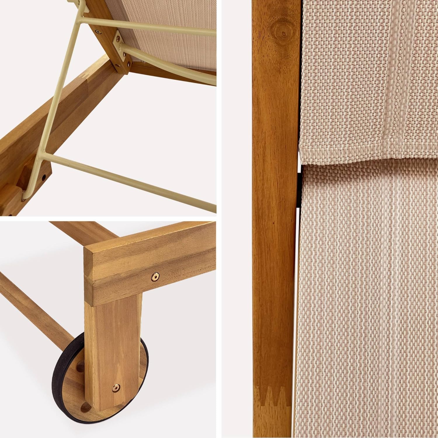 sweeek - Lot de 2 Bains de Soleil en Bois d'acacia et textilène Beige. Multi Positions avec roulettes