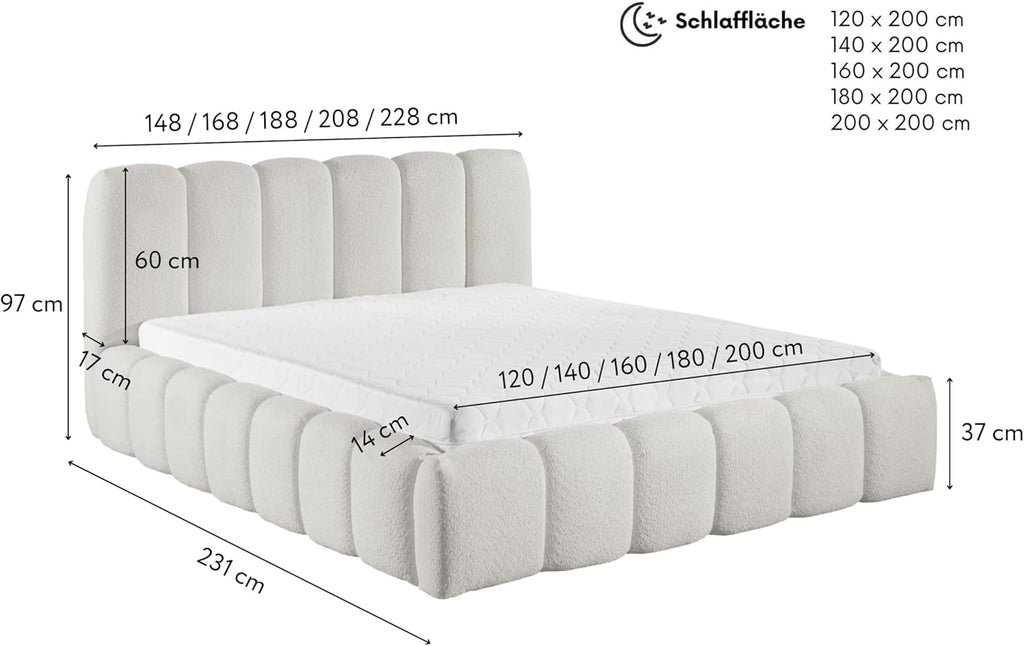 FURNISTAR MIA Lit capitonné avec coffre de lit, lit 140 x 200 cm, lit double avec espace de rangement et sommier à lattes, aspect lit à sommier tapissier, sans matelas, chambre à coucher - Blanc
